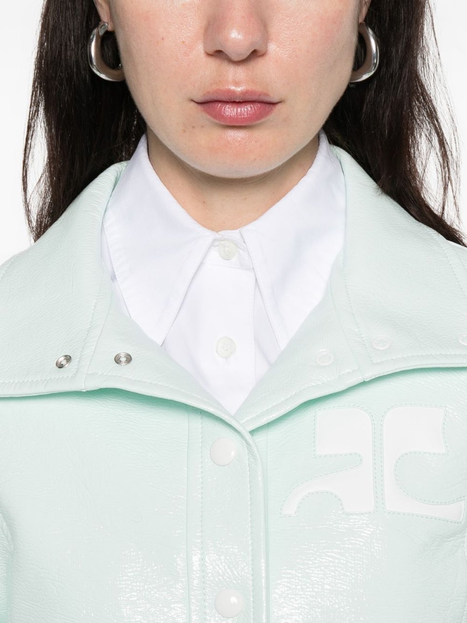 COURREGES Cropped Jacket with Glossy Patent Finish and Structured Collar Wit