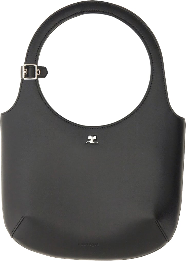 COURREGES Circular Handle Leather Bag With Adjustable Strap Zwart
