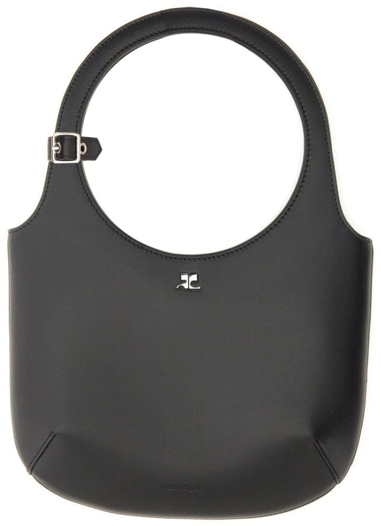 COURREGES Minimalist Black Leather Handbag With Rounded Top Handle Zwart