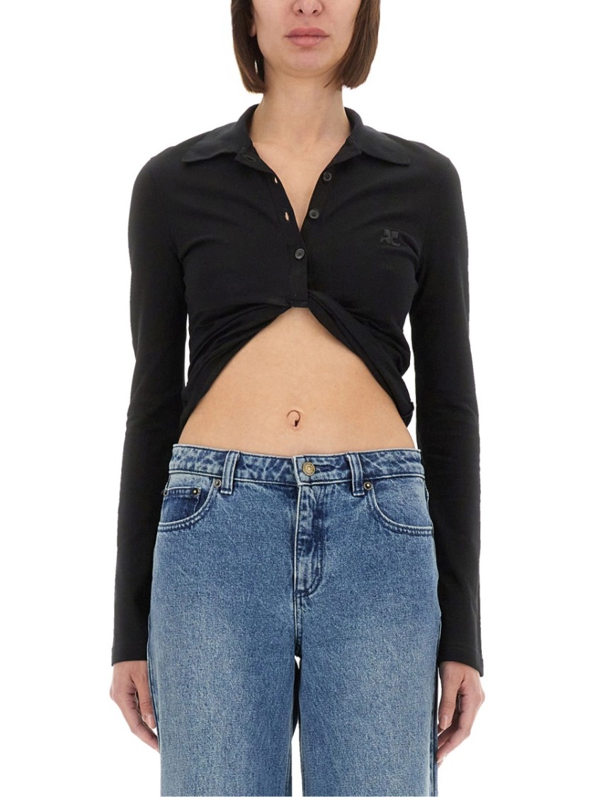 COURREGES "Twist" Cropped Polo Shirt Blauw