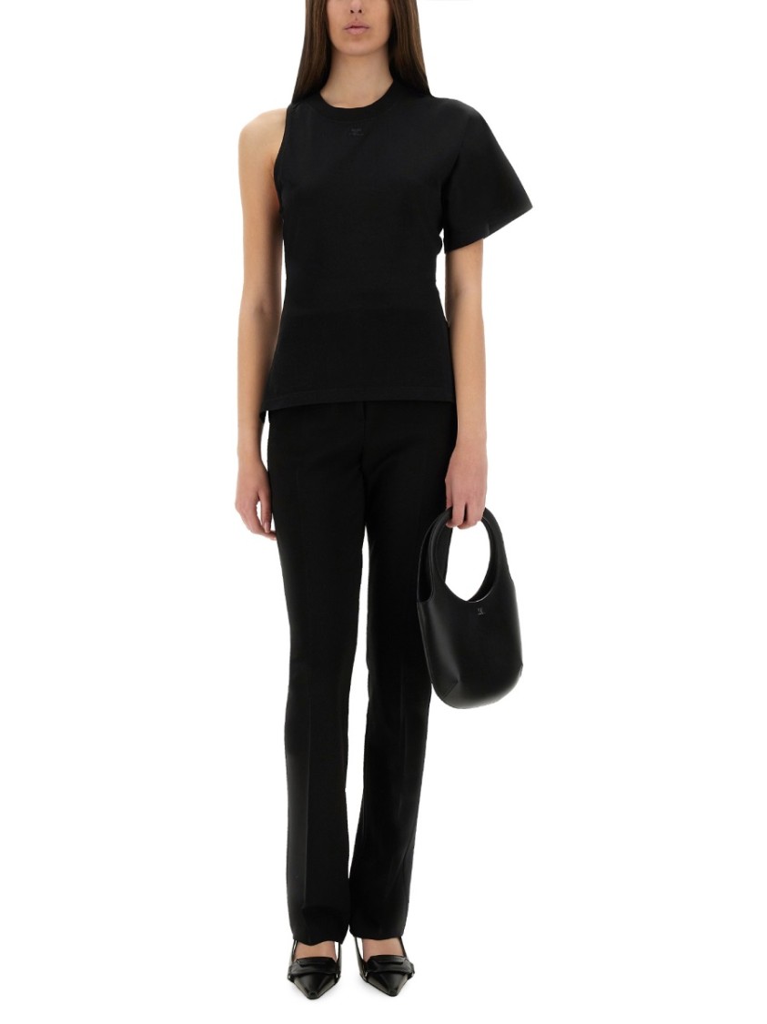 COURREGES One-Shoulder Black T-Shirt In Soft Cotton Zwart