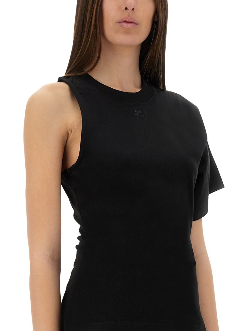 COURREGES One-Shoulder Black T-Shirt In Soft Cotton Zwart