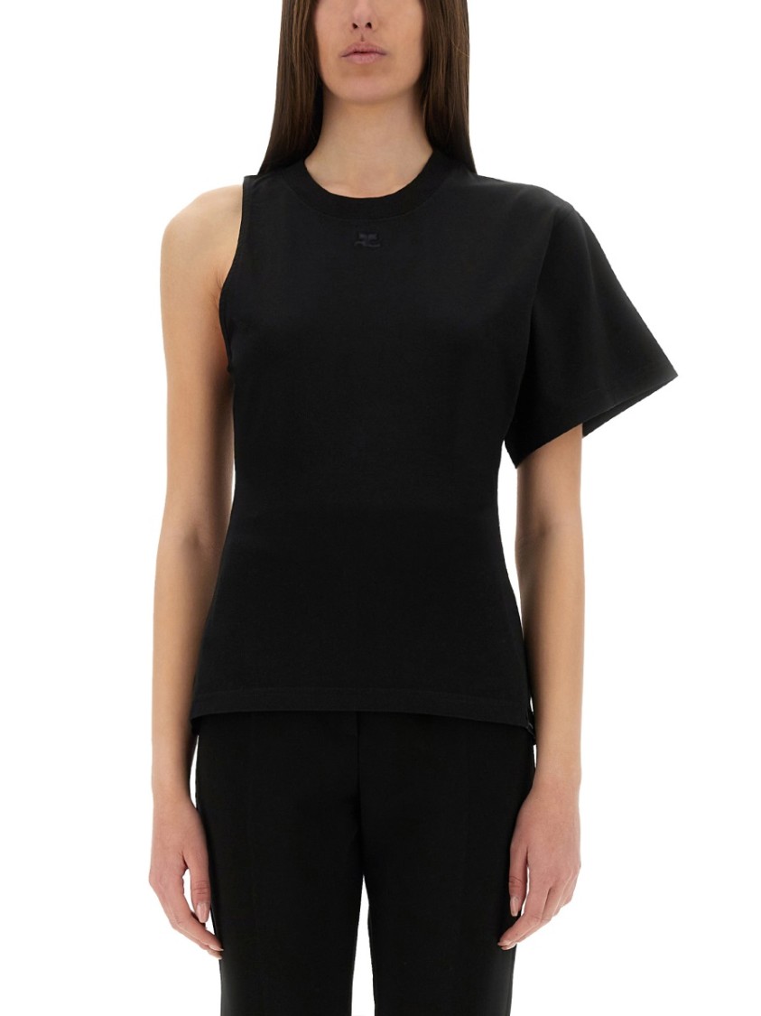 COURREGES One-Shoulder Black T-Shirt In Soft Cotton Zwart