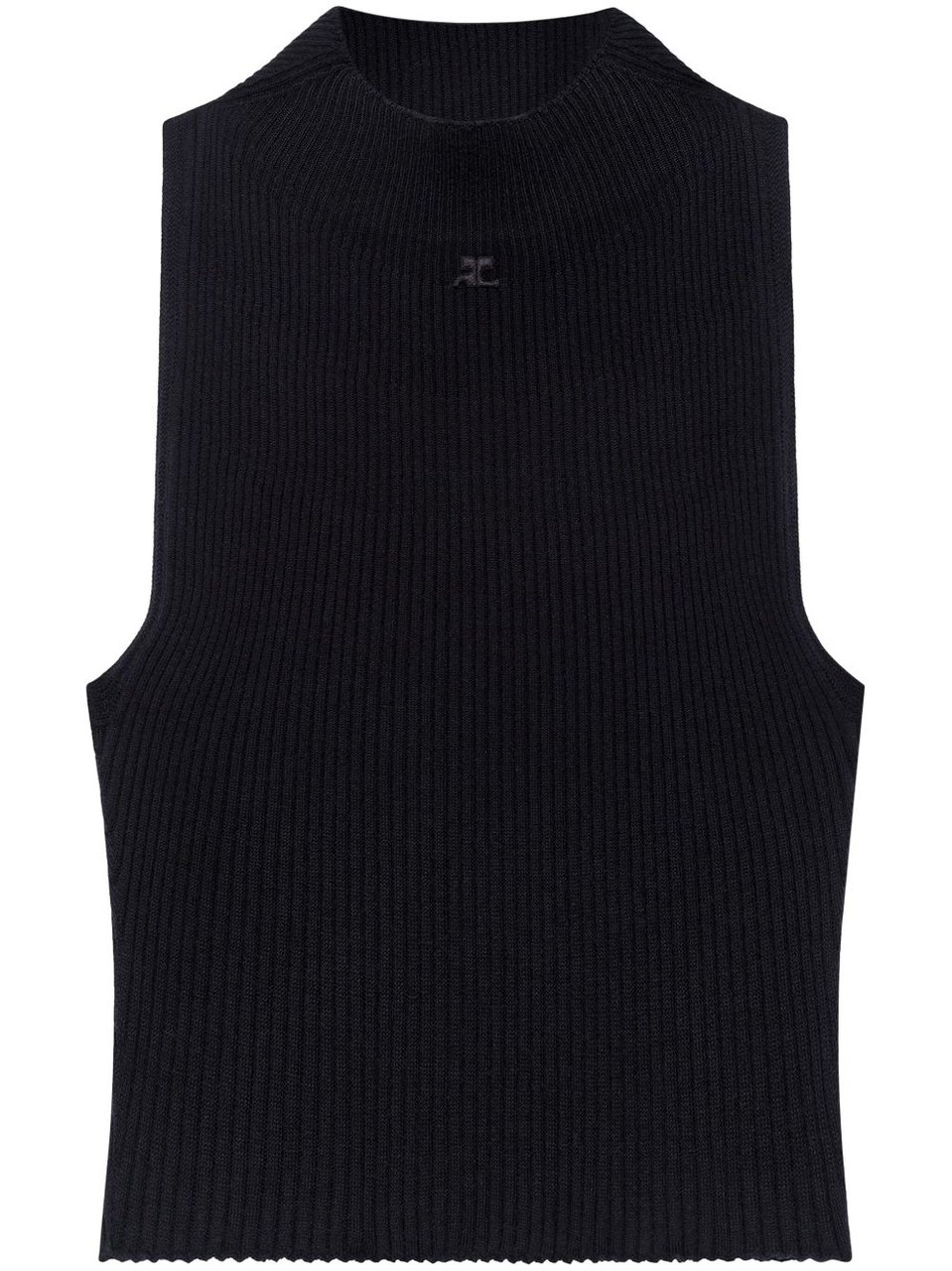 COURREGES Fitted Black Crop Top With Ribbed Texture Zwart