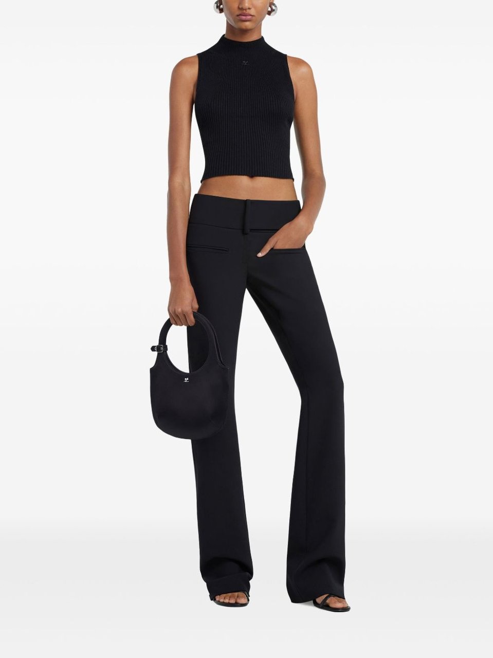 COURREGES Fitted Black Crop Top With Ribbed Texture Zwart