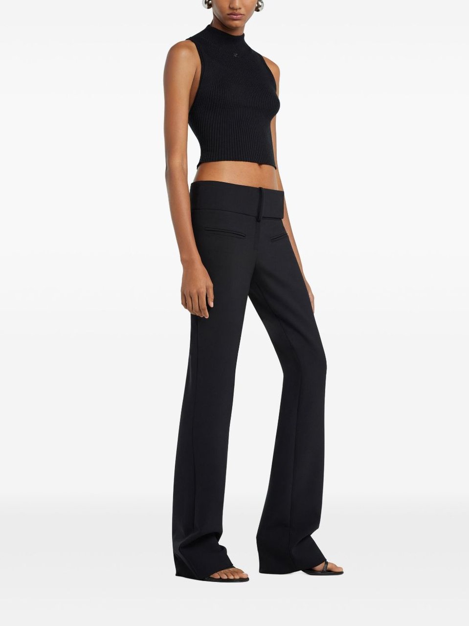 COURREGES Fitted Black Crop Top With Ribbed Texture Zwart