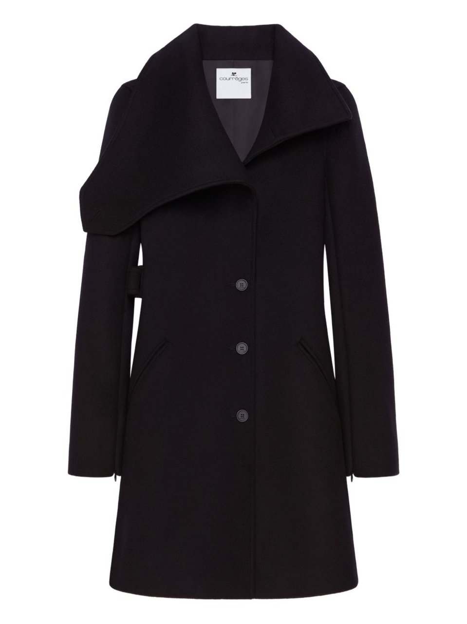 COURREGES Asymmetric Collar Tailored Black Coat With Concealed Buttons Zwart