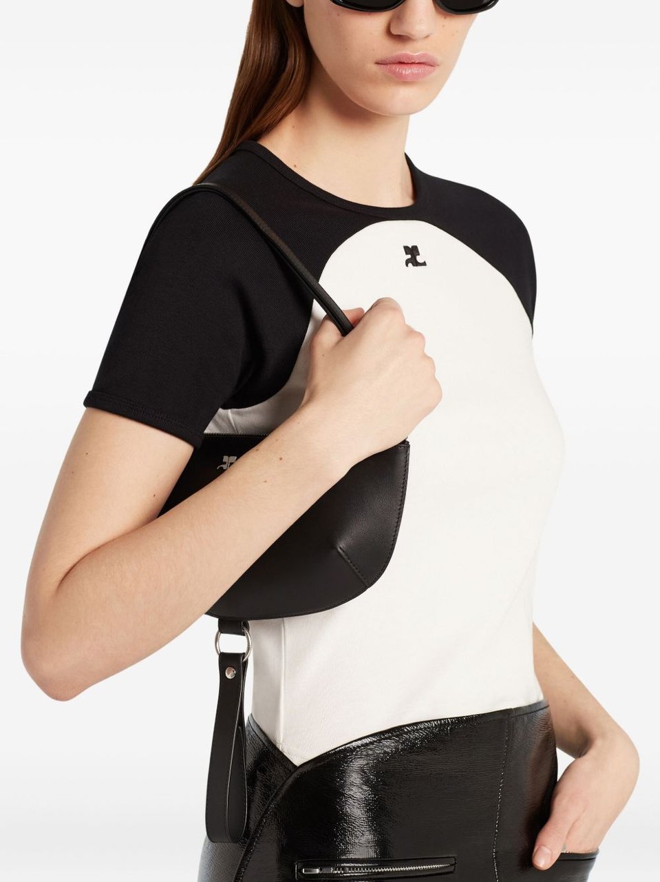 COURREGES Contrast-Design Short-Sleeved Top with Logo Detail Wit