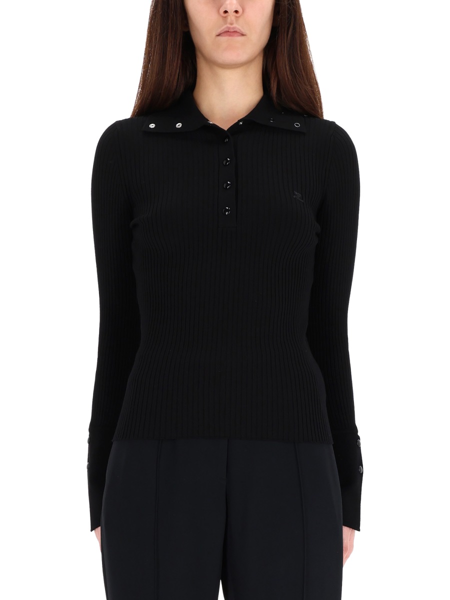 COURREGES Ribbed Long-Sleeve Polo Shirt Zwart