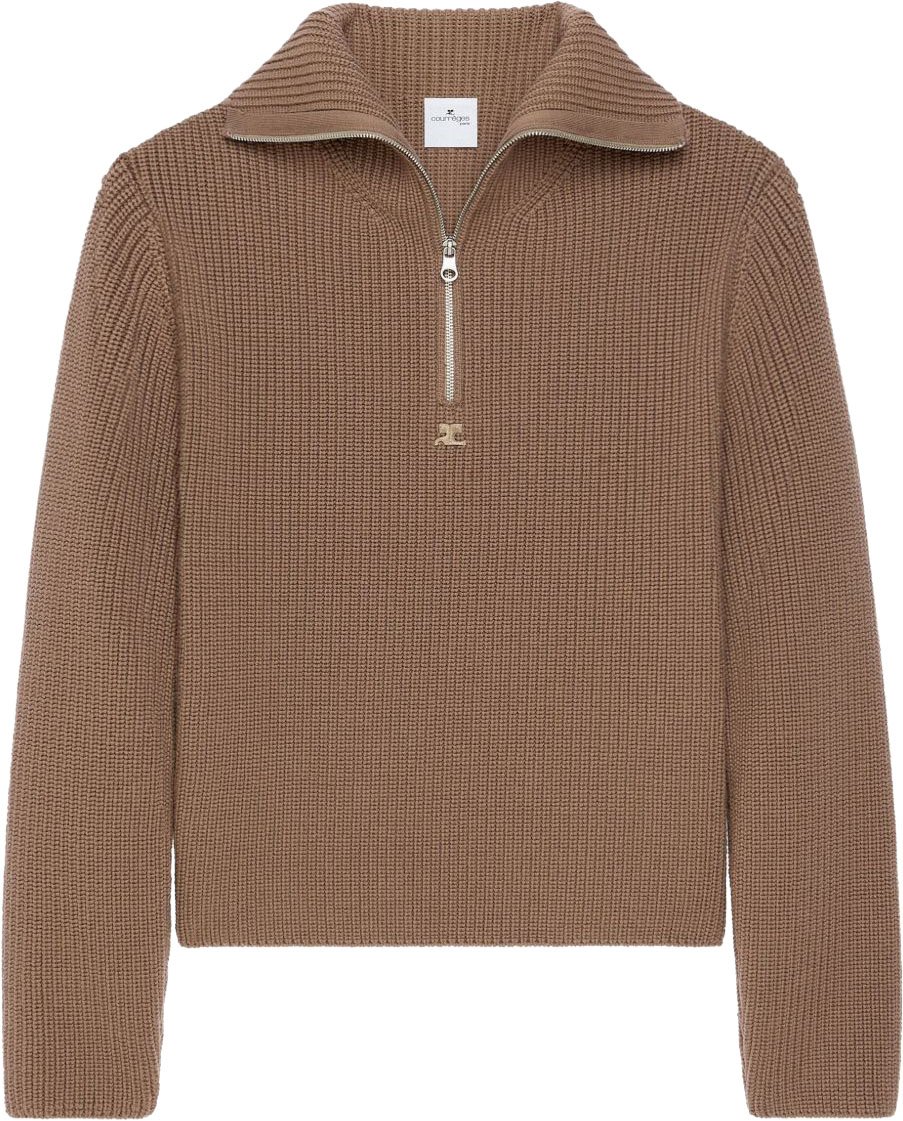 COURREGES Funnel Neck Sweater With Half-Zip Fastening Bruin
