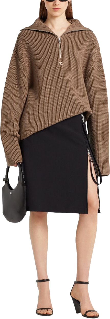 COURREGES Funnel Neck Sweater With Half-Zip Fastening Bruin