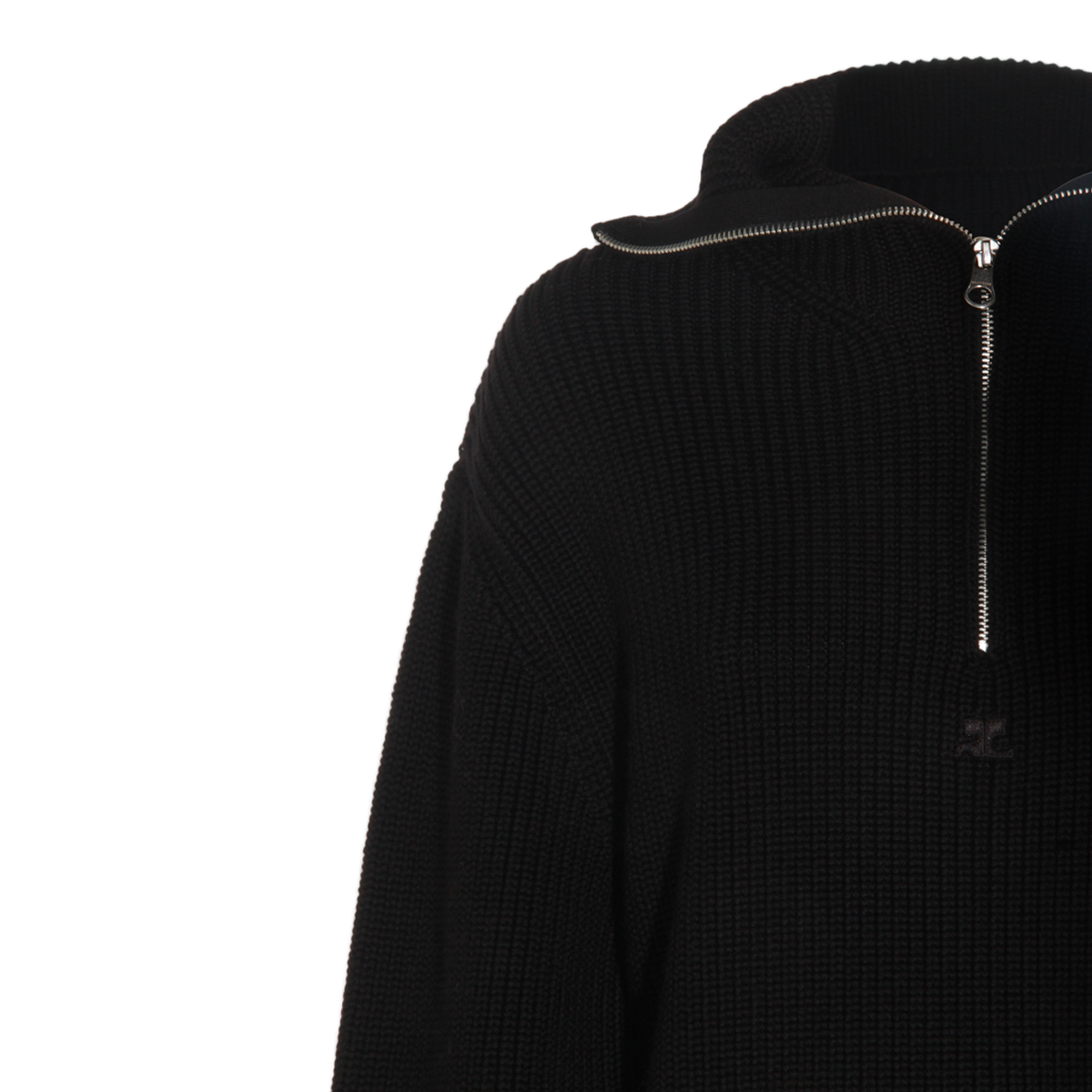COURREGES Ribbed Black Knitted Sweater with Half-Zip Closure Zwart