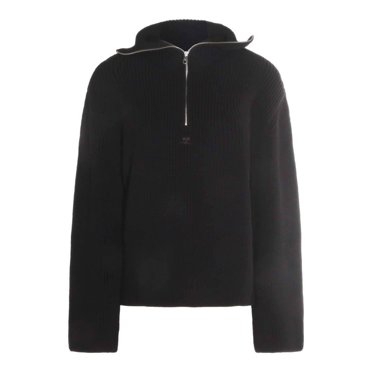 COURREGES Ribbed Black Knitted Sweater with Half-Zip Closure Zwart