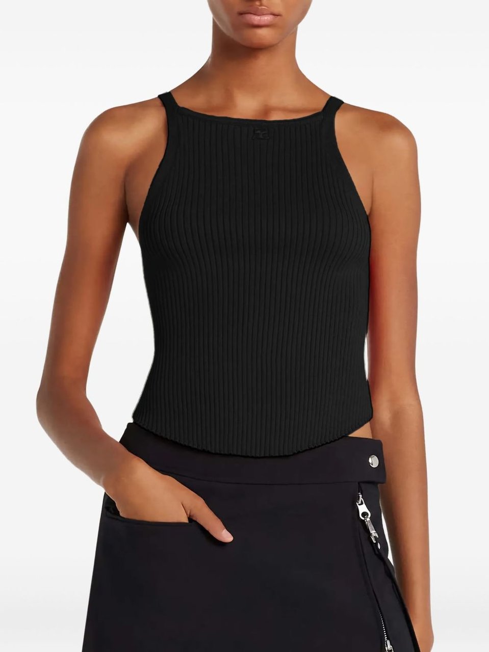 COURREGES Ribbed Black Sleeveless Top Zwart