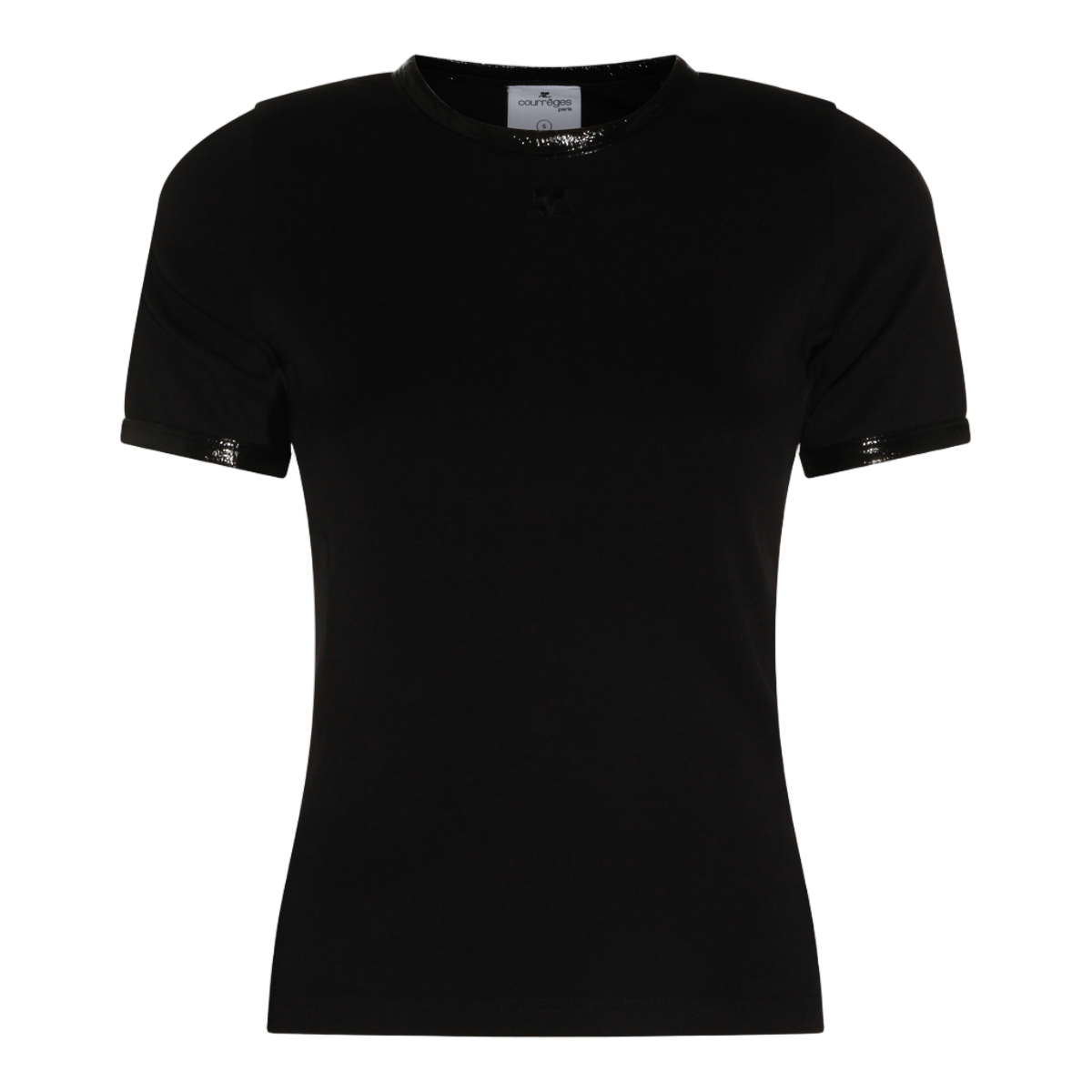 COURREGES Short-Sleeve Black T-Shirt With Glossy Trim Details Zwart