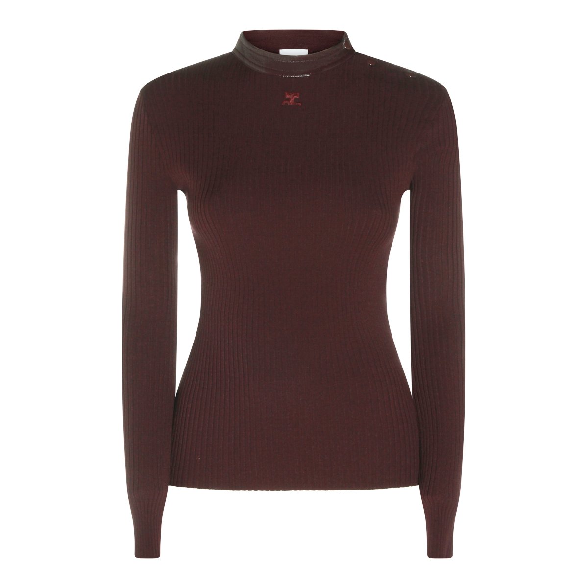 COURREGES Burgundy Fitted Knit Sweater With Ribbed Texture And Button Detail Zwart