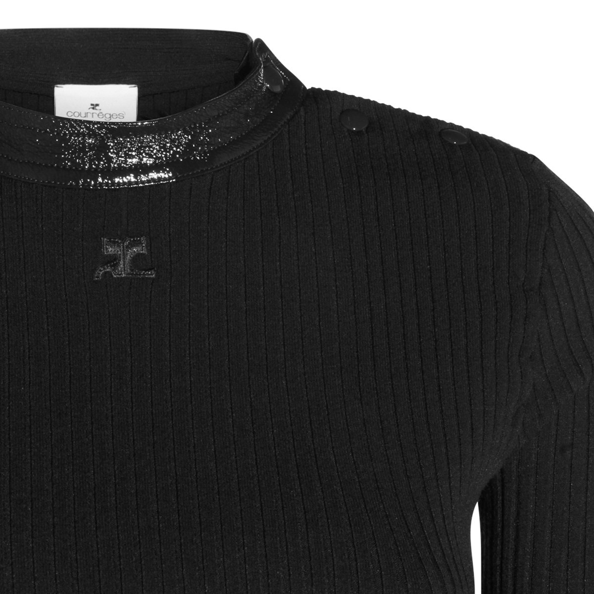 COURREGES Ribbed Knit Sweater With Button Detail And Logo Emblem Zwart
