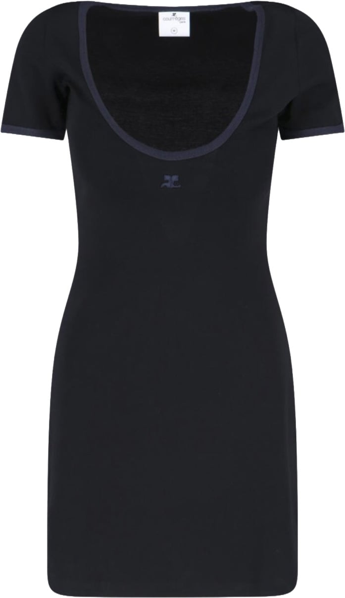 COURREGES Ribbed Black Mini Dress With Blue Accents Blauw