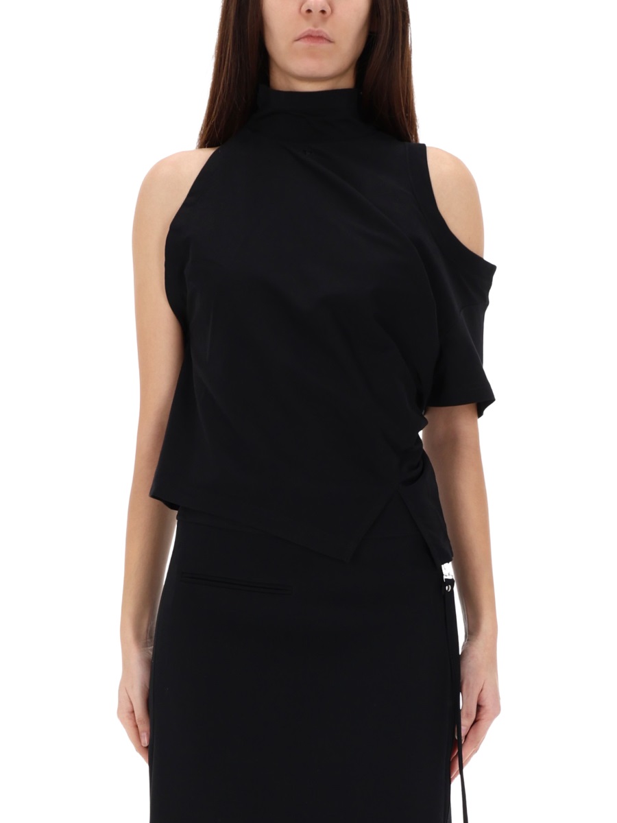 COURREGES Cotton Asymmetrical Bare Shoulder T-Shirt Zwart