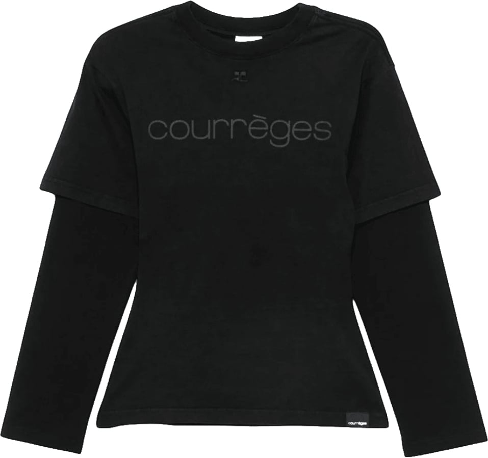 COURREGES LOGO PRINT DOUBLE SLEEVES T-SHIRT Zwart