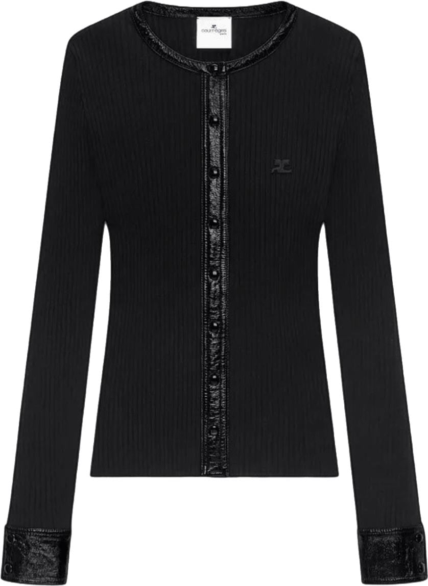 COURREGES CONTRASTED VINYL RIB KNIT CARDIGAN Zwart