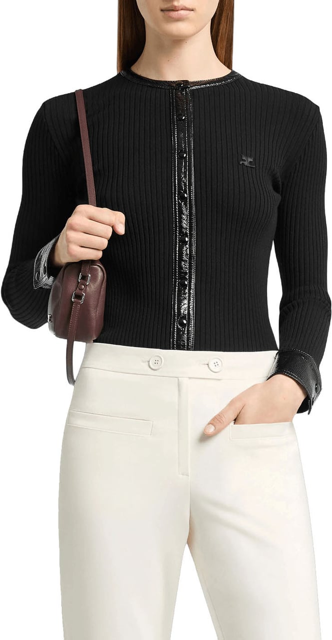 COURREGES CONTRASTED VINYL RIB KNIT CARDIGAN Zwart