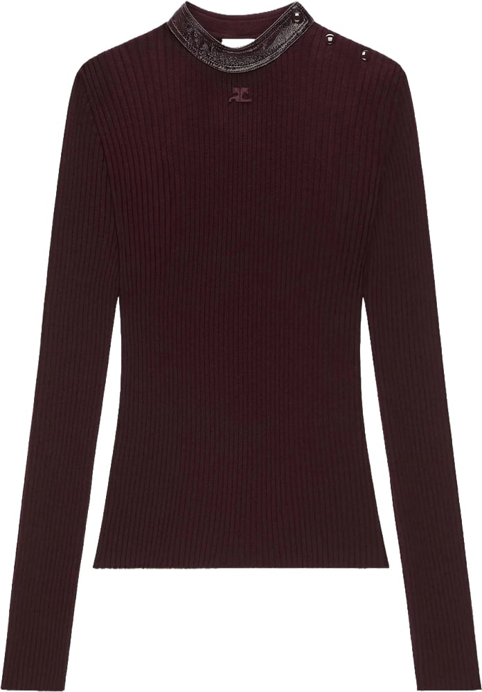 COURREGES CONTRASTED VINYL RIB KNIT CREWNECK Maroon