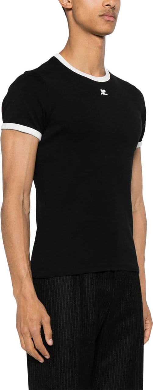 COURREGES Fitted Black T-Shirt With Contrasting White Trim Zwart