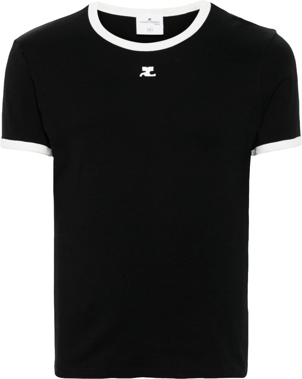 COURREGES Fitted Black T-Shirt With Contrasting White Trim Zwart