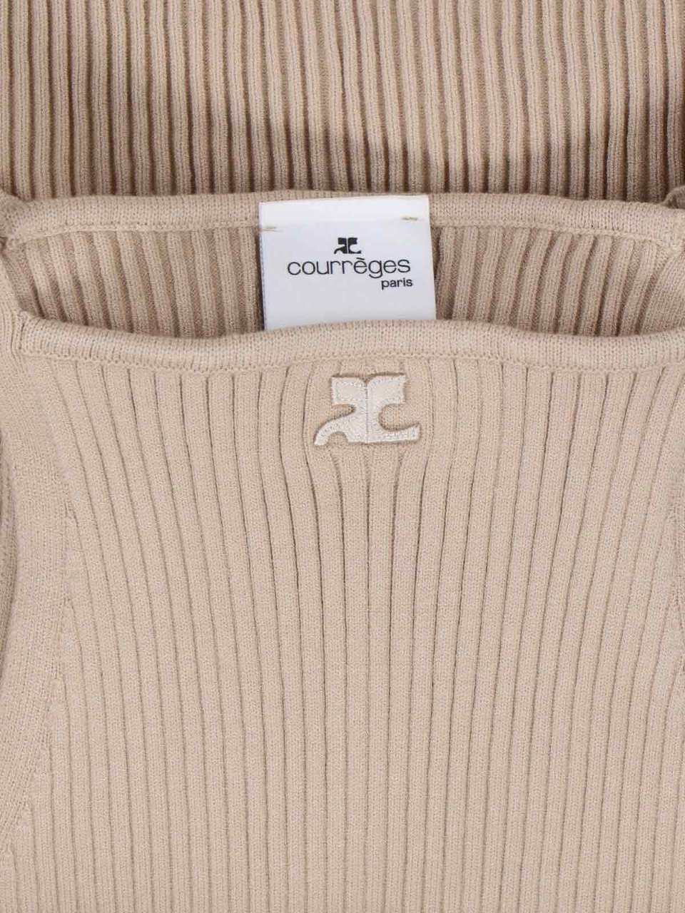 COURREGES Knitted Top, In Beige Fabric, Ribbed Knit Neutraal