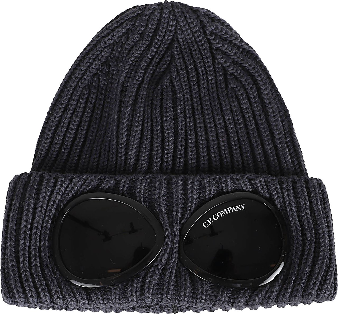 CP Company Ribbed Knit Beanie Hat with Integrated Goggle Lenses Zwart