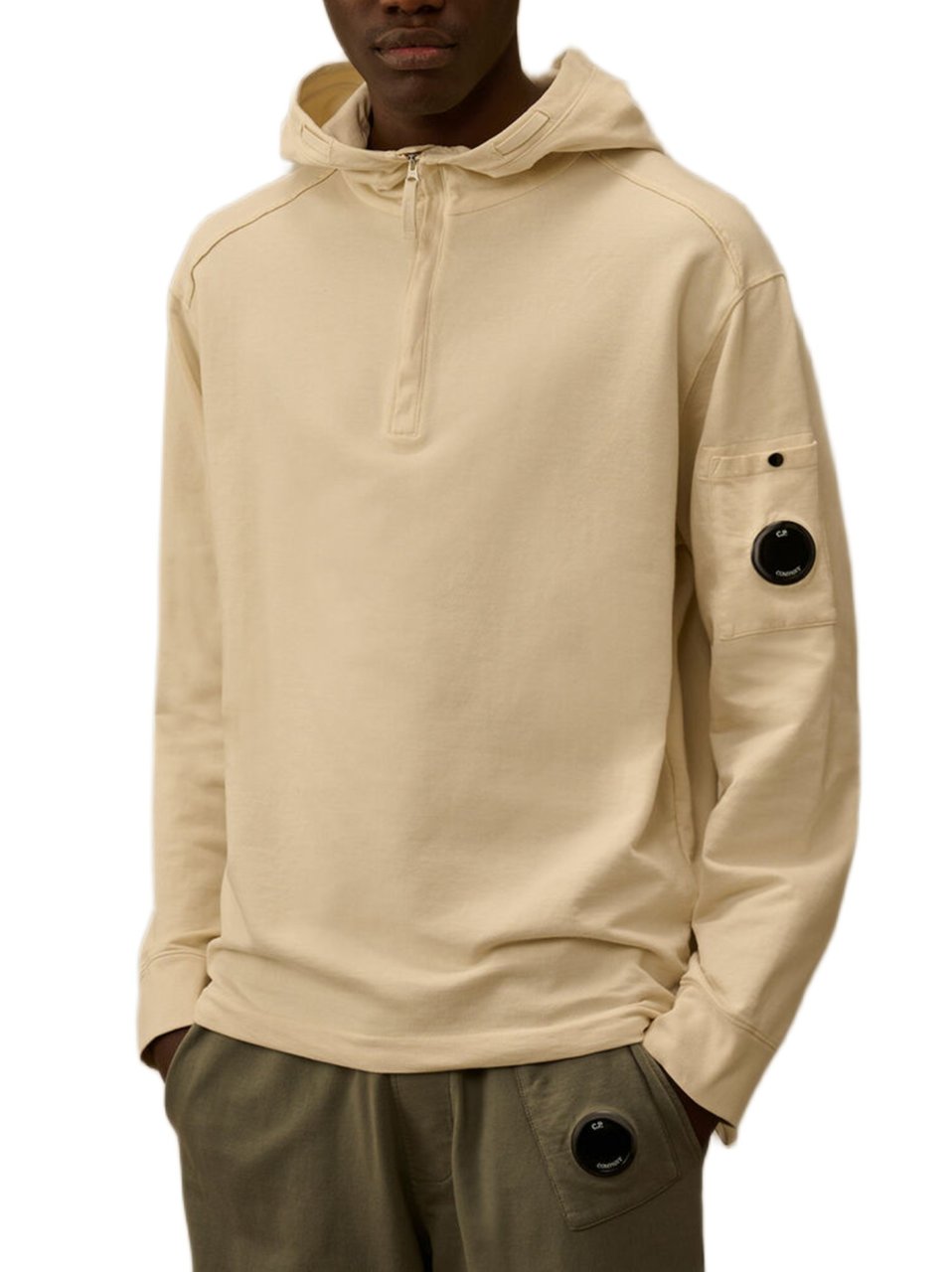 CP Company Half-Zip Lightweight Cotton Fleece Sweater With Iconic Lens Detail Neutraal