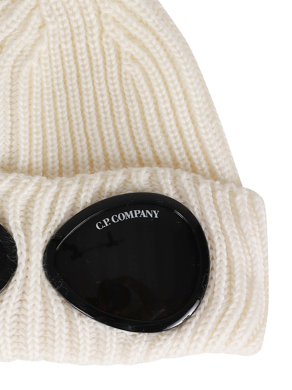 CP Company Ribbed Knit Hat with Iconic Lens Appliqués Neutraal