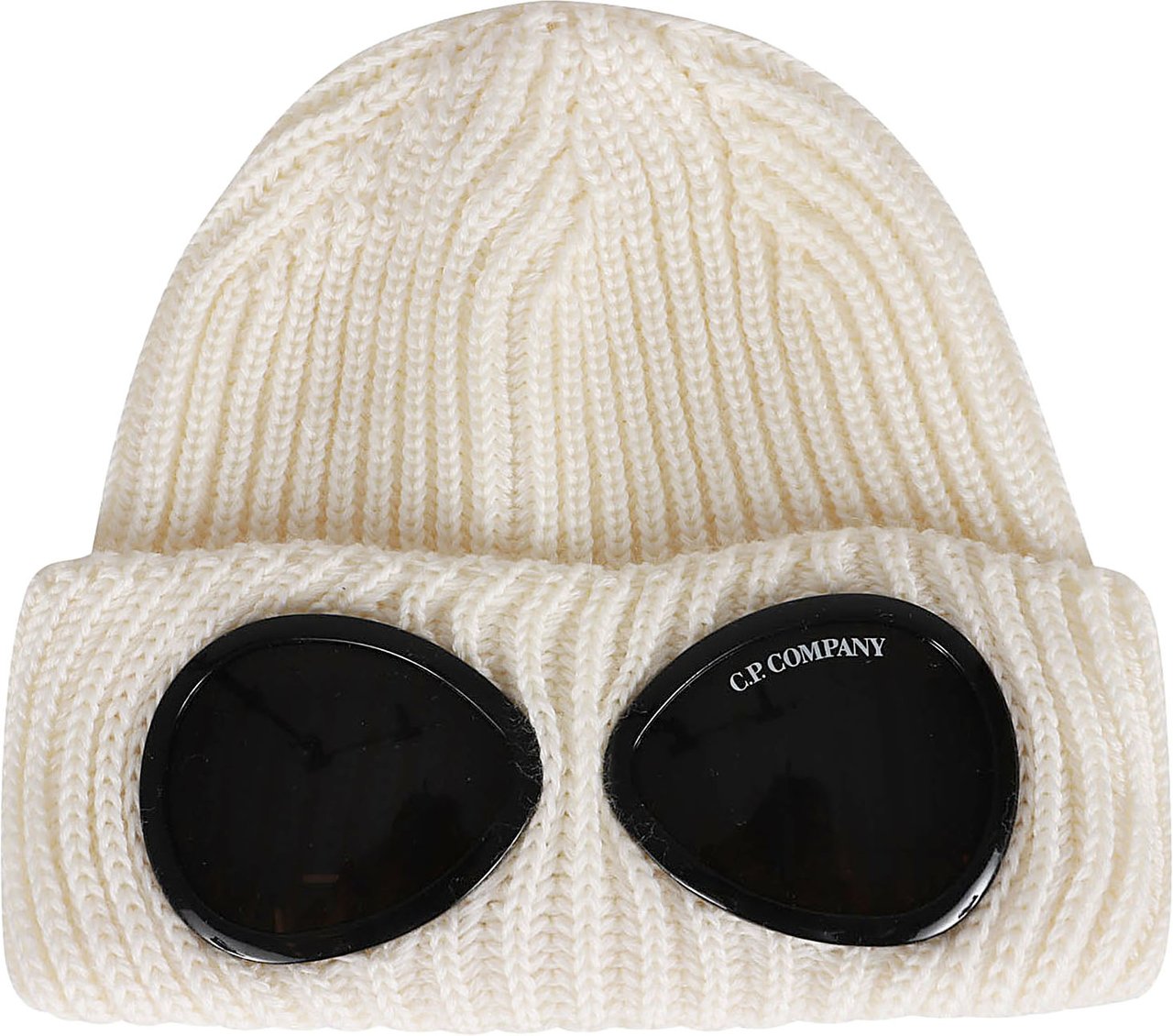 CP Company Ribbed Knit Hat with Iconic Lens Appliqués Neutraal
