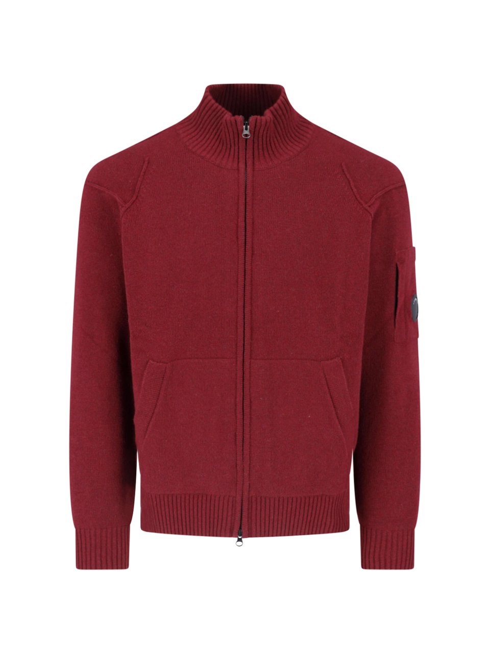 CP Company Burgundy Wool Blend Zip-Up Cardigan With Ribbed Collar Maroon