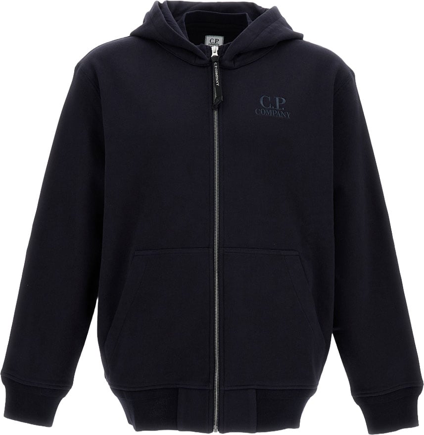 CP Company Diagonal Raised Fleece Zip Hoodie with Logo Detail Zwart