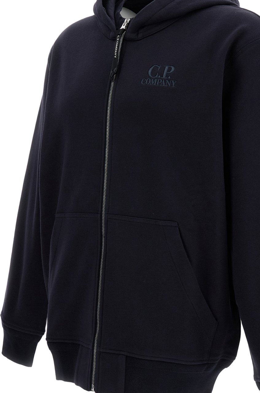 CP Company Diagonal Raised Fleece Zip Hoodie with Logo Detail Zwart