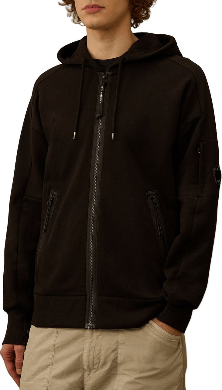 CP Company SWEATSHIRT MET CAPUCHON EN LENZEN, DIAGONALE OPSTAANDE FLEECE RAND EN RITS, ZWART Zwart