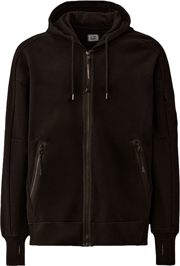 CP Company SWEATSHIRT MET CAPUCHON EN LENZEN, DIAGONALE OPSTAANDE FLEECE RAND EN RITS, ZWART Zwart
