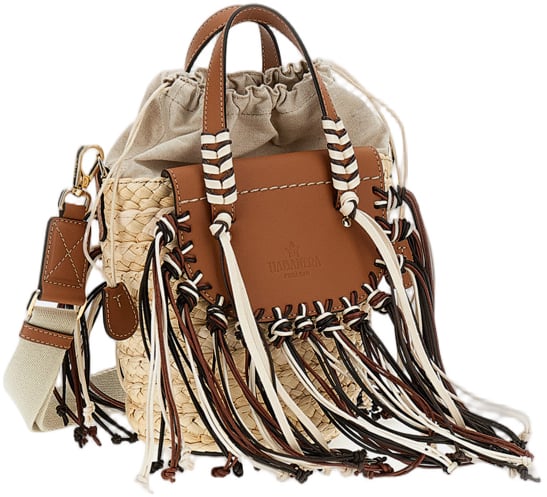 Cuba Lab Woven Raffia Basket Handbag with Leather Inserts Bruin