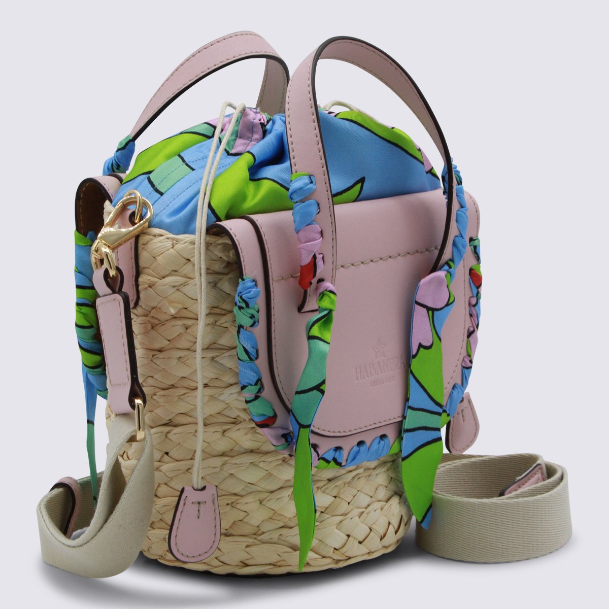 Cuba Lab Woven Straw Bucket Bag With Floral Handles Grijs