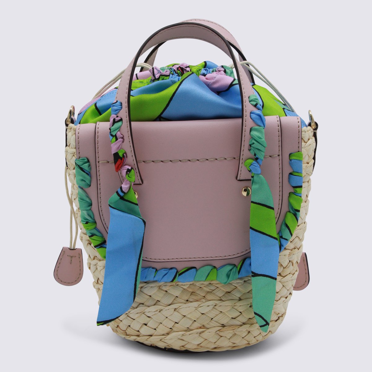 Cuba Lab Woven Straw Bucket Bag With Floral Handles Grijs