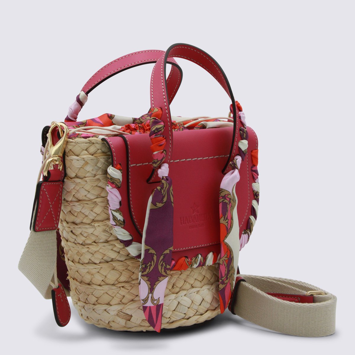 Cuba Lab Woven Straw Bucket Bag With Red Leather Accents Rood
