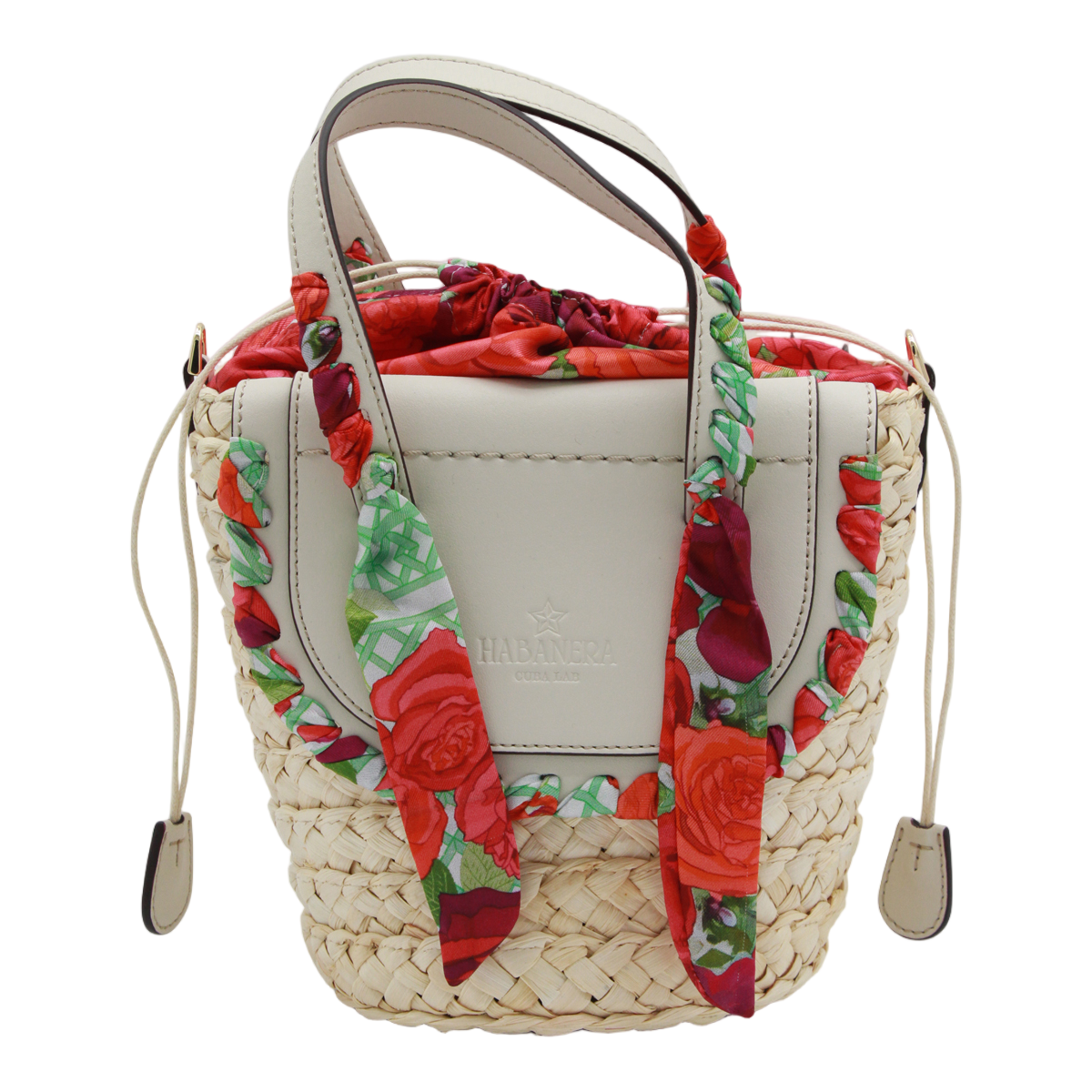Cuba Lab Woven Straw Bag With Light Beige Leather Accents And Floral Fabric Embellishments Grijs