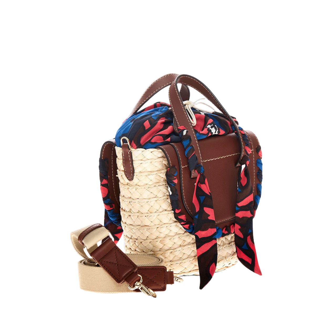 Cuba Lab Raffia and Leather Bag with Silk Floral Accents Bruin