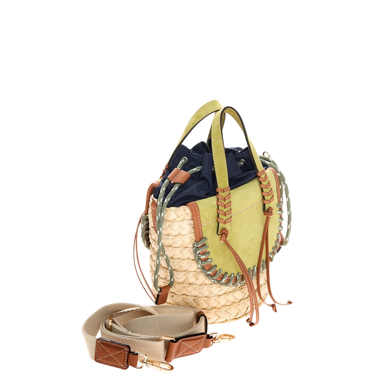 Cuba Lab Habanera Leather And Rafia Bag Neutraal