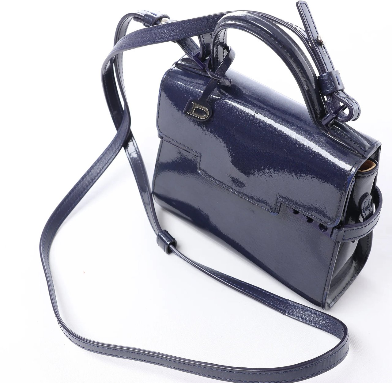 Delvaux Tempête Mini Patent Leather 2Way Crossbody Bags in Navy Blue Blauw