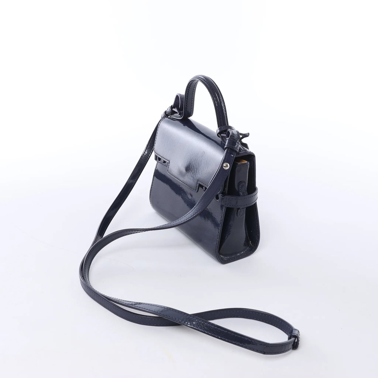 Delvaux Tempête Mini Patent Leather 2Way Crossbody Bags in Navy Blue Blauw