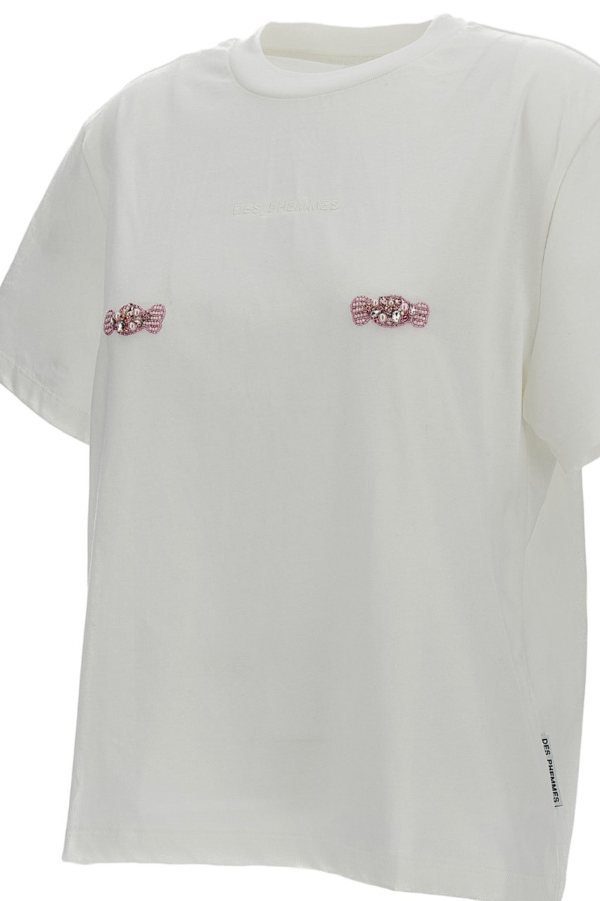 Des Phemmes Crystal and Bead-Embellished Boxy White T-Shirt Wit