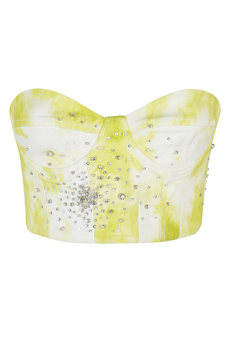Des Phemmes Tie Dye Embroidered Denim Bustier With Sweetheart Neckline Geel